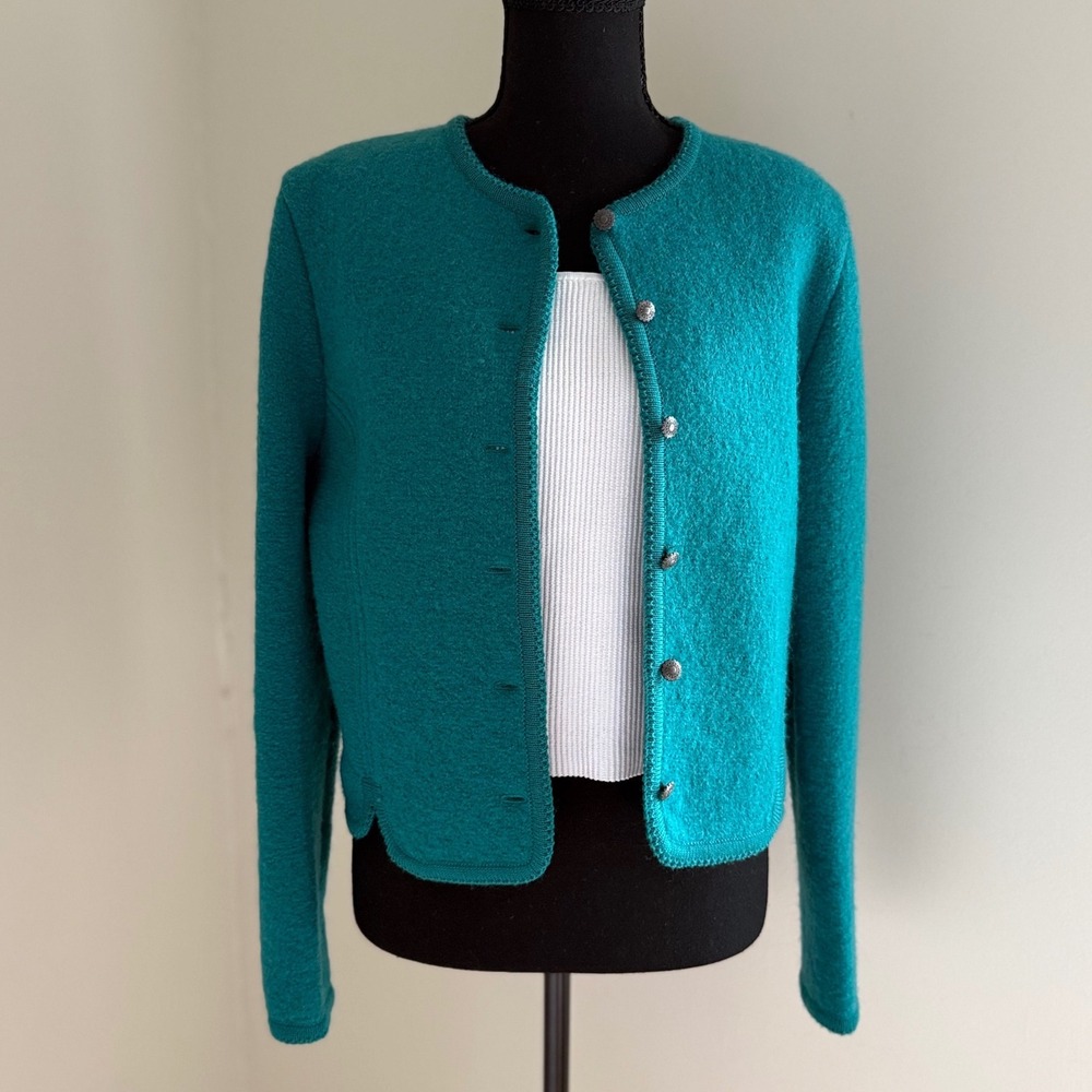 Vtg 80s Carroll Reed Boiled Wool Jacket Women 10 Teal Turquoise Silver Buttons